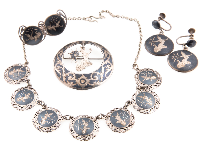 WOMENS STERLING SILVER SIAM EARRINGS, BROOCH, NECKLACE