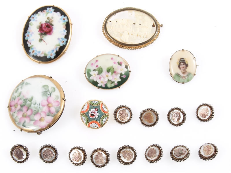 BROOCHES & BUTTONS - HAND PAINTED, MIRCO MOSAIC, CAMEO
