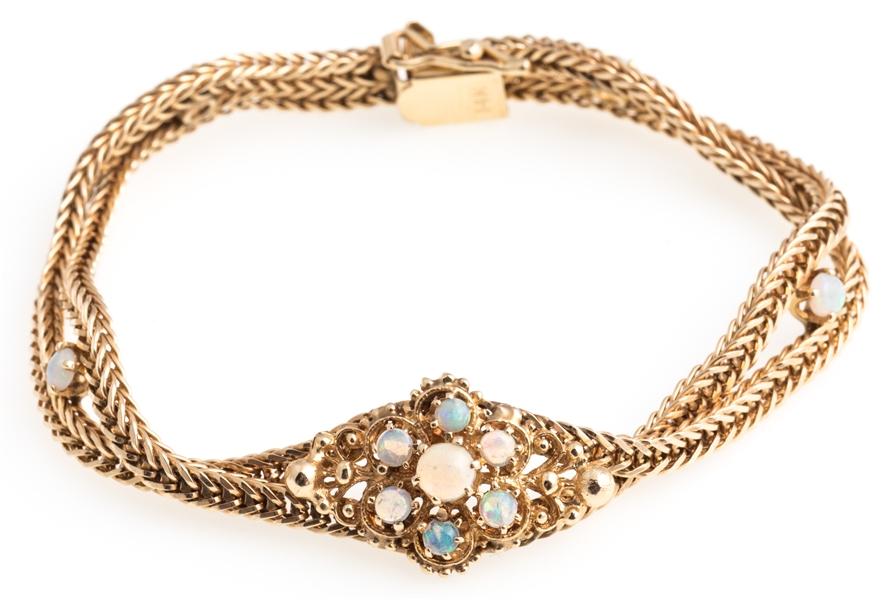 14K YELLOW GOLD & OPAL CURB LINK BRACELET