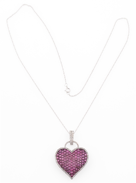 14K WHITE GOLD RUBY & DIAMOND HEART NECKLACE