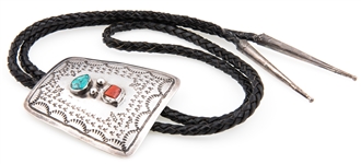 NATIVE AMERICAN STERLING TURQUOISE & CORAL BOLO TIE