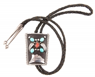 NATIVE AMERICAN STERLING TURQUOISE & CORAL BOLO TIE