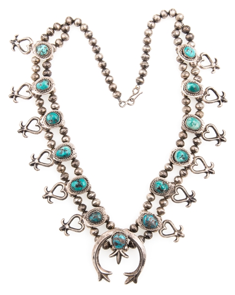 STERLING SILVER TURQUOISE SQUASH BLOSSOM NECKLACE
