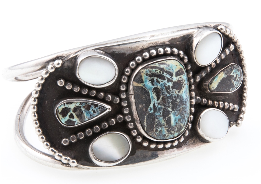 NATIVE AMERICAN STERLING TURQUOISE PEARL CUFF BRACELET