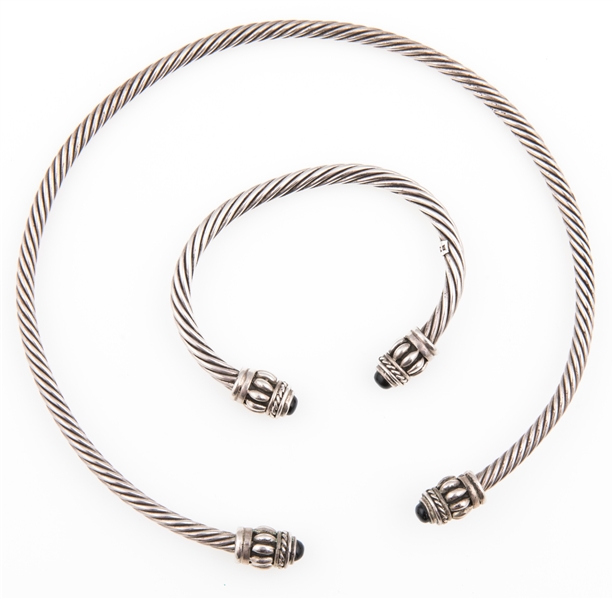 STERLING SILVER & ONYX NECKLACE & CUFF BRACELET SET