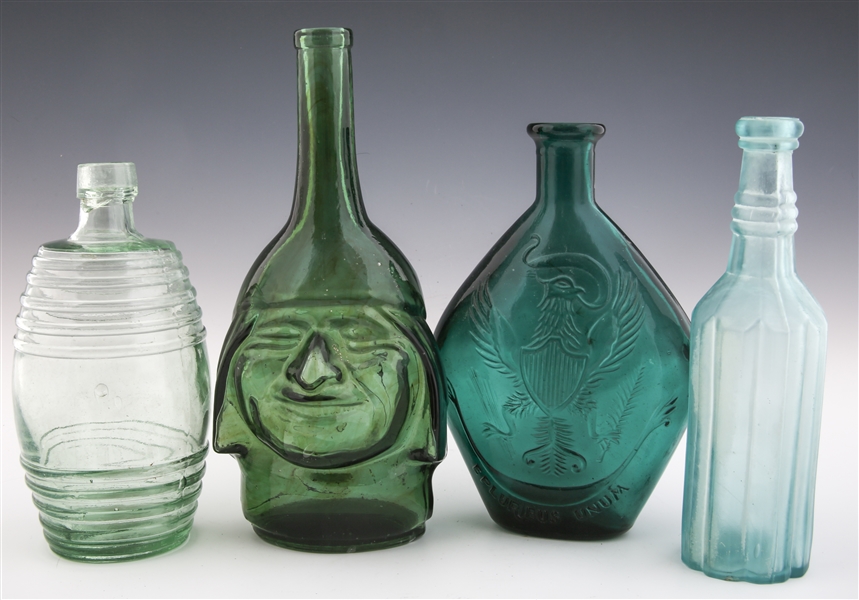 FIGURAL GLASS BOTTLES AND FLASKS - LOT OF 4