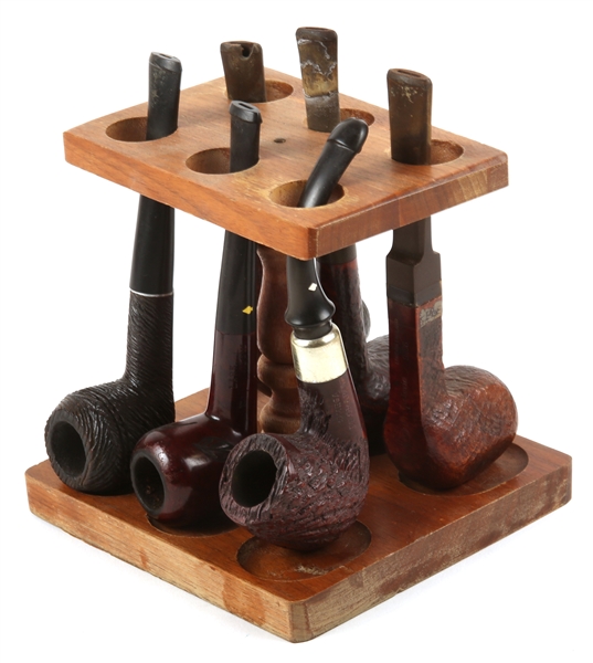 WOODEN TOBACCO PIPES & PIPE STAND - LOT OF 7