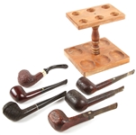 WOODEN TOBACCO PIPES & PIPE STAND - LOT OF 7