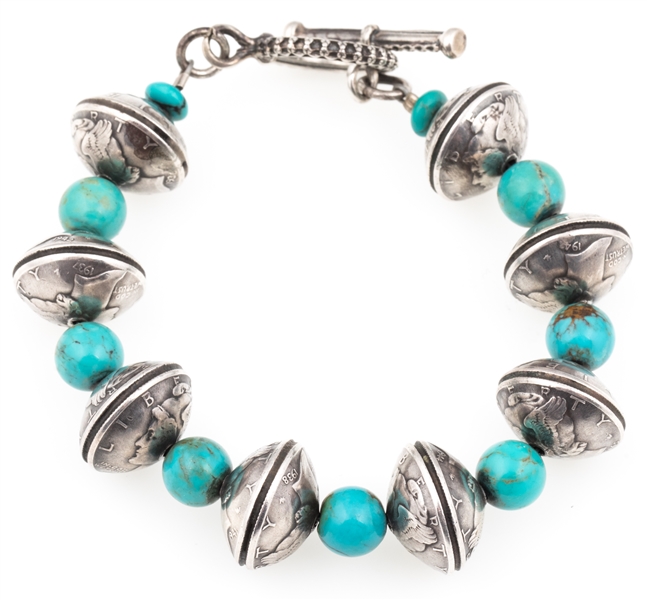 STERLING SILVER MERCURY DIME & TURQUOISE BRACELET