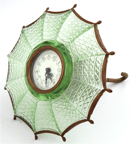 GREEN GLASS AND BRASS UMBRELLA CLOCK