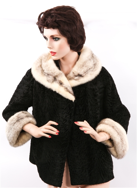 WOMENS KARAKUL LAMB FUR JACKET WITH FOX ACCENTS