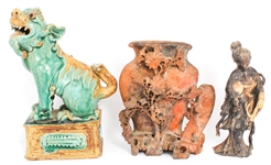 CHINESE CARVED SOAPSTONE INK WELL, FIGURINE & FOO DOG