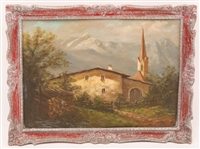 LANDSCAPE PAINTING OF MOUNTAIN AND CHURCH