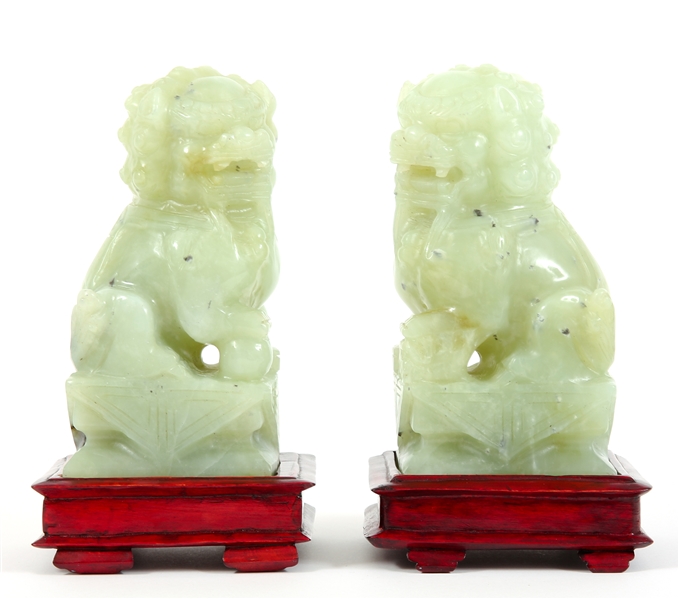 PAIR OF CHINESE CARVED SERPENTINE JADE FOO DOGS