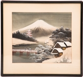 FRAMED CHINESE SILK PAINTING OF A SNOWY LANDSCAPE