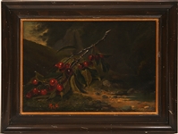 19TH C. OIL ON CANVAS CHERRY STILL LIFE BY ROSE G. 