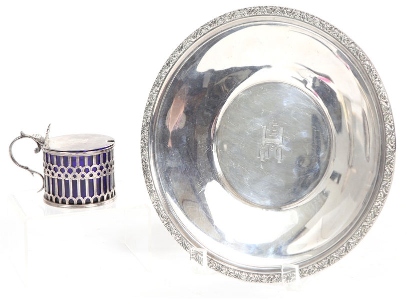 STERLING SILVER SALT CELLAR & PLATTER - LOT OF 2
