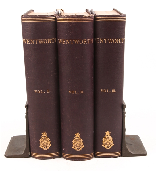WENTWORTH GENEALOGY 3 VOLUMES 1878 W/ BRONZE BOOKENDS
