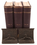 WENTWORTH GENEALOGY 3 VOLUMES 1878 W/ BRONZE BOOKENDS