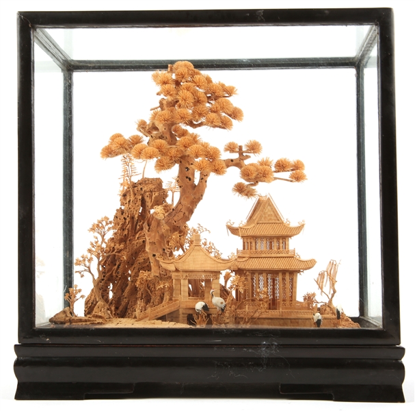 CHINESE CORK CARVING IN CASE