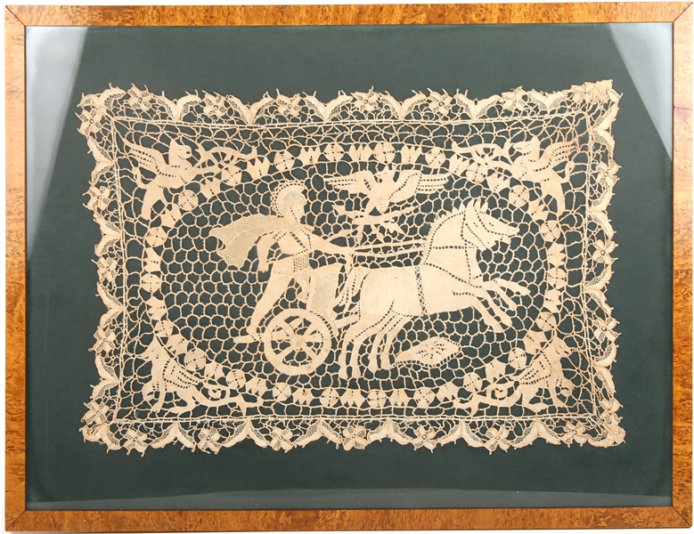 LATE 19TH C. FRAMED LACE SAMPLER OF A GLADIATOR