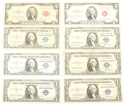 SILVER CERTIFICATES & TWO DOLLAR BILLS - LOT OF 8