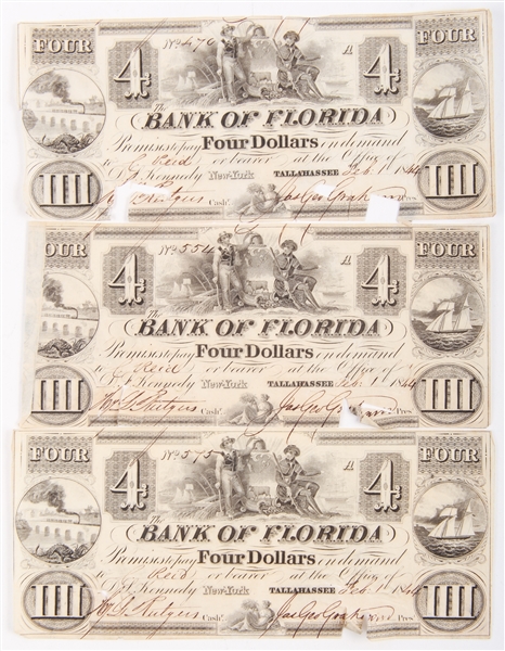 1844 BANK OF FLORIDA $4.00 EARLY CURRENCY - LOT OF 3