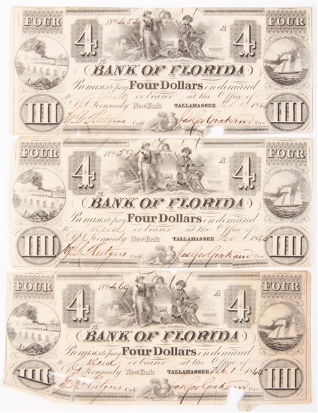 1844 BANK OF FLORIDA $4.00 EARLY CURRENCY - LOT OF 3