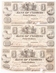 1844 BANK OF FLORIDA $4.00 EARLY CURRENCY - LOT OF 3