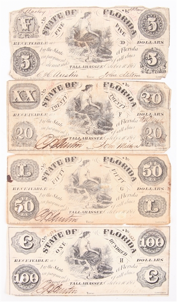 1861 STATE OF FLORIDA OBSOLETE NOTES $5 $20 $50 & $100