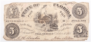 1861 STATE OF FLORIDA OBSOLETE NOTES $5 $20 $50 & $100