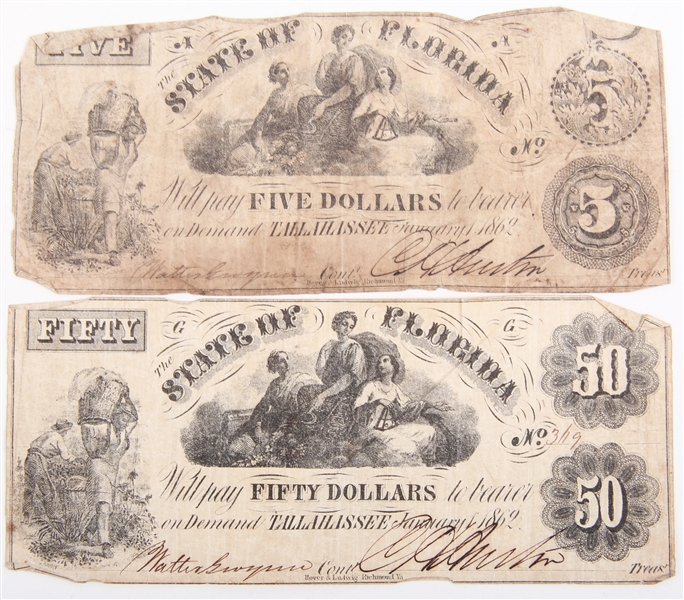 1862 STATE OF FLORIDA OBSOLETE NOTES - $5 & $50