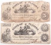 1862 STATE OF FLORIDA OBSOLETE NOTES - $5 & $50