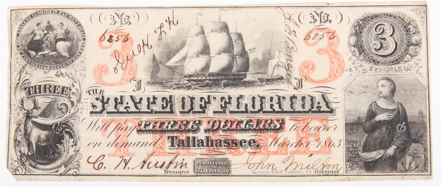 1863 $3 STATE OF FLORIDA, TALLAHASSEE OBSOLETE BANKNOTE