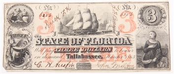 1863 $3 STATE OF FLORIDA, TALLAHASSEE OBSOLETE BANKNOTE
