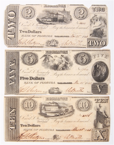 1843 BANK OF FLORIDA EXCHANGE NOTES - $2, $5 & $10