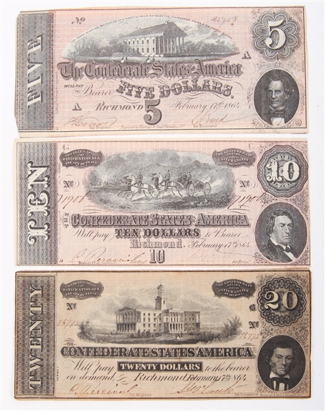 1864 CONFEDERATE STATES RICHMOND NOTES - $5, $10 & $20