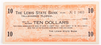 1933 LEWIS STATE BANK TALLAHASSEE FLORIDA $10.00 NOTES