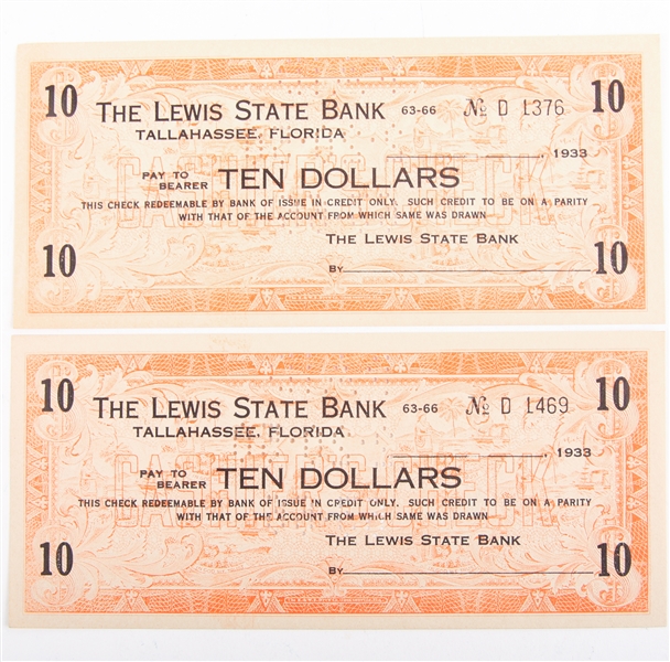1933 LEWIS STATE BANK TALLAHASSEE FLORIDA $10.00 NOTES