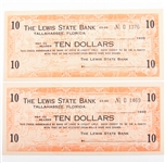 1933 LEWIS STATE BANK TALLAHASSEE FLORIDA $10.00 NOTES