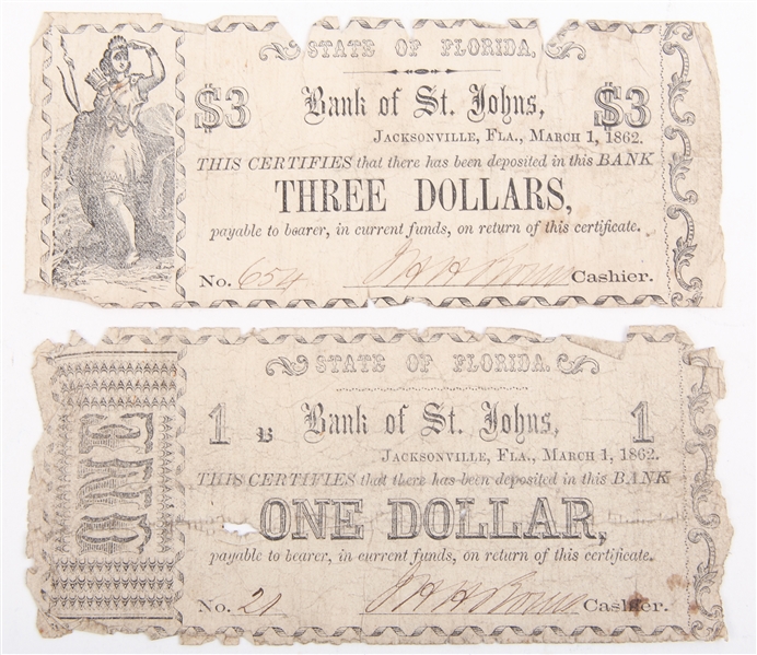 1862 BANK OF ST. JOHNS JACKSONVILLE FLORIDA EARLY NOTES