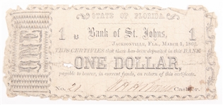 1862 BANK OF ST. JOHNS JACKSONVILLE FLORIDA EARLY NOTES