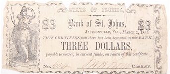 1862 BANK OF ST. JOHNS JACKSONVILLE FLORIDA EARLY NOTES