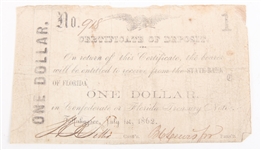 1860'S TALLAHASSEE FLORIDA SMALL OBSOLETE CURRENCY