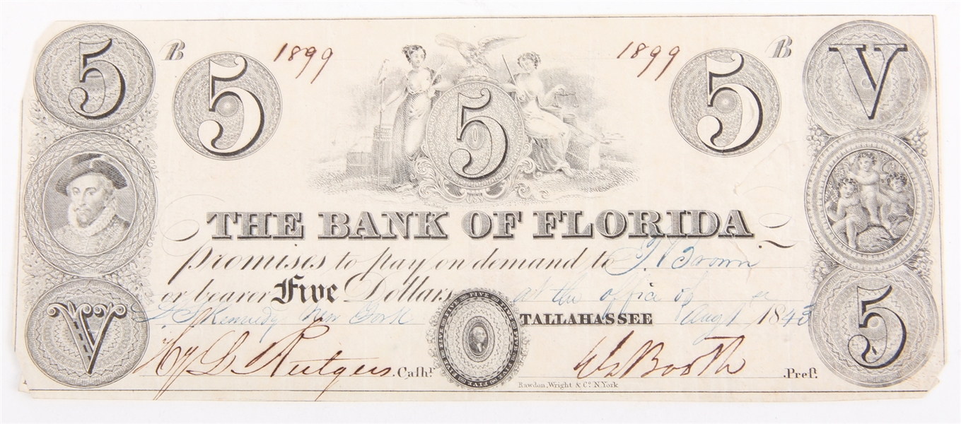 1843 BANK OF FLORIDA TALLAHASSEE FIVE DOLLAR NOTE