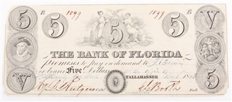 1843 BANK OF FLORIDA TALLAHASSEE FIVE DOLLAR NOTE