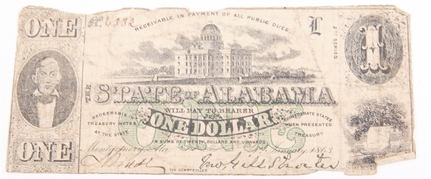 1863 STATE OF ALABAMA CONFEDERATE ONE DOLLAR NOTE