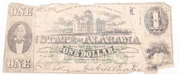 1863 STATE OF ALABAMA CONFEDERATE ONE DOLLAR NOTE