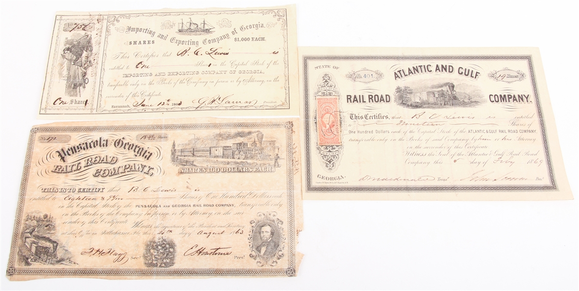 FLORIDA & GEORGIA RAILROAD & COMPANY STOCKS - LOT OF 3
