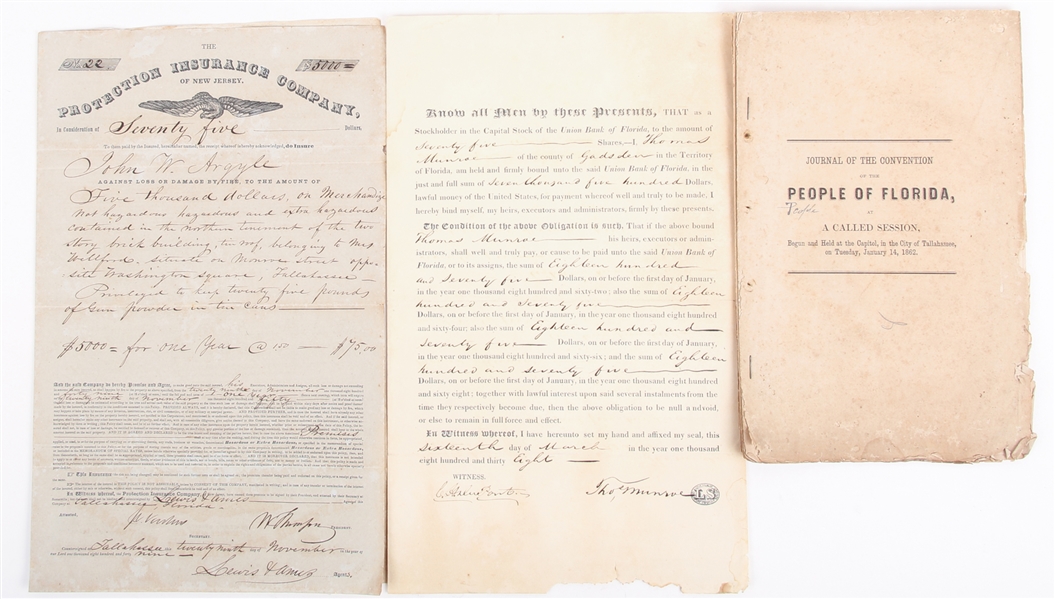 19TH C. FLORIDA SESSION JOURNAL & FINANCIAL AGREEMENTS